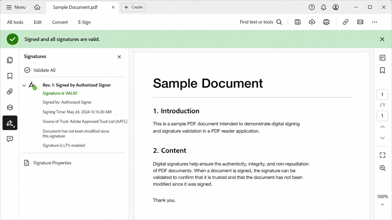 PDF reader showing Signed and all signatures are valid confirmation