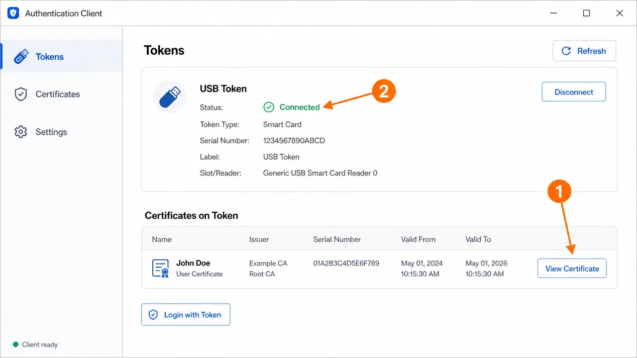 Smart card authentication client showing a connected token and its certificate