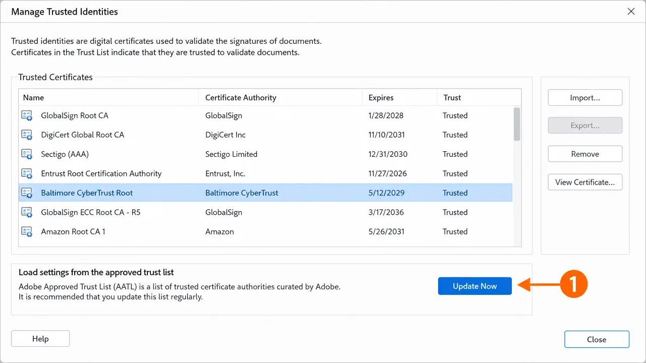 Manage Trusted Identities dialog updating the Adobe Approved Trust List