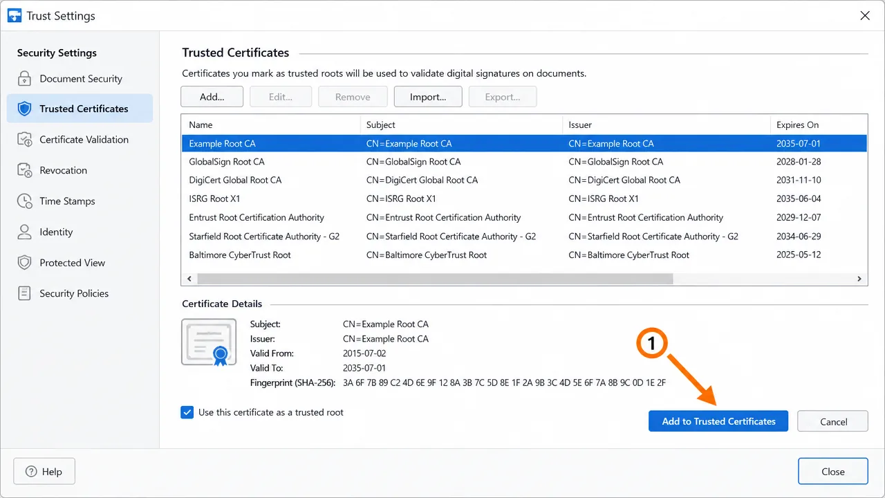 Trust settings dialog adding a certificate authority to trusted certificates