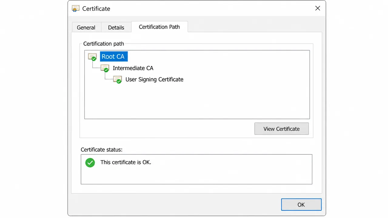 Windows certification path dialog showing This certificate is OK
