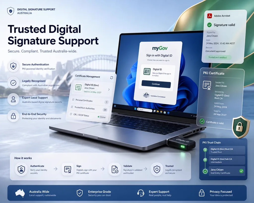 Remote PKI engineer resolving myGov Digital ID login, PKI certificate and Adobe digital signature errors for individuals and businesses in Australia.