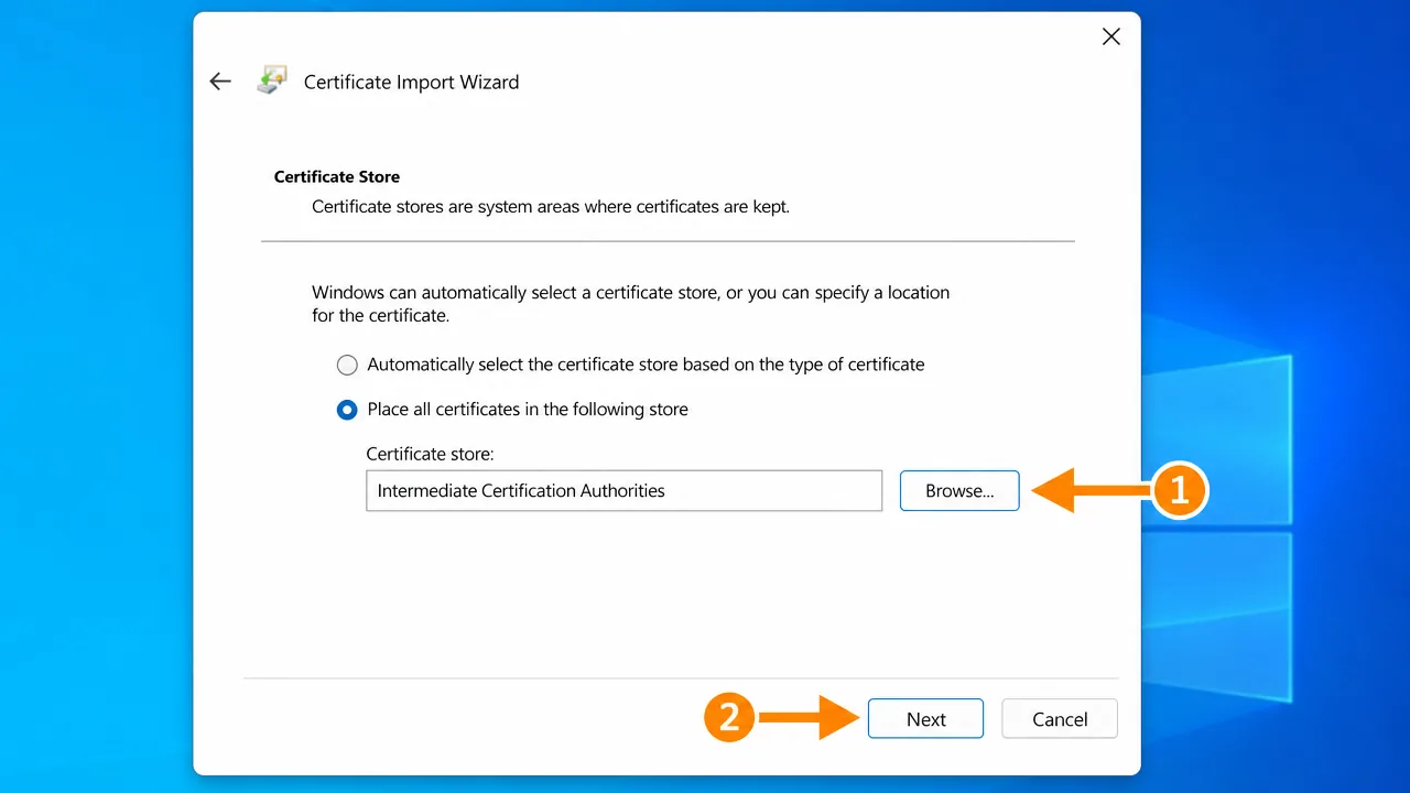 Windows Certificate Import Wizard placing a certificate into Intermediate Certification Authorities