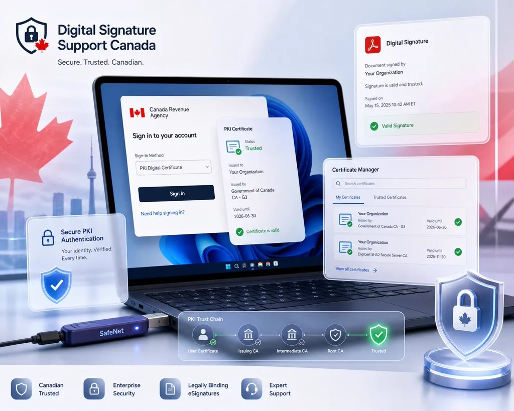 Remote PKI engineer resolving CRA login, SafeNet USB token and Adobe Acrobat digital signature and certificate errors for businesses in Canada.
