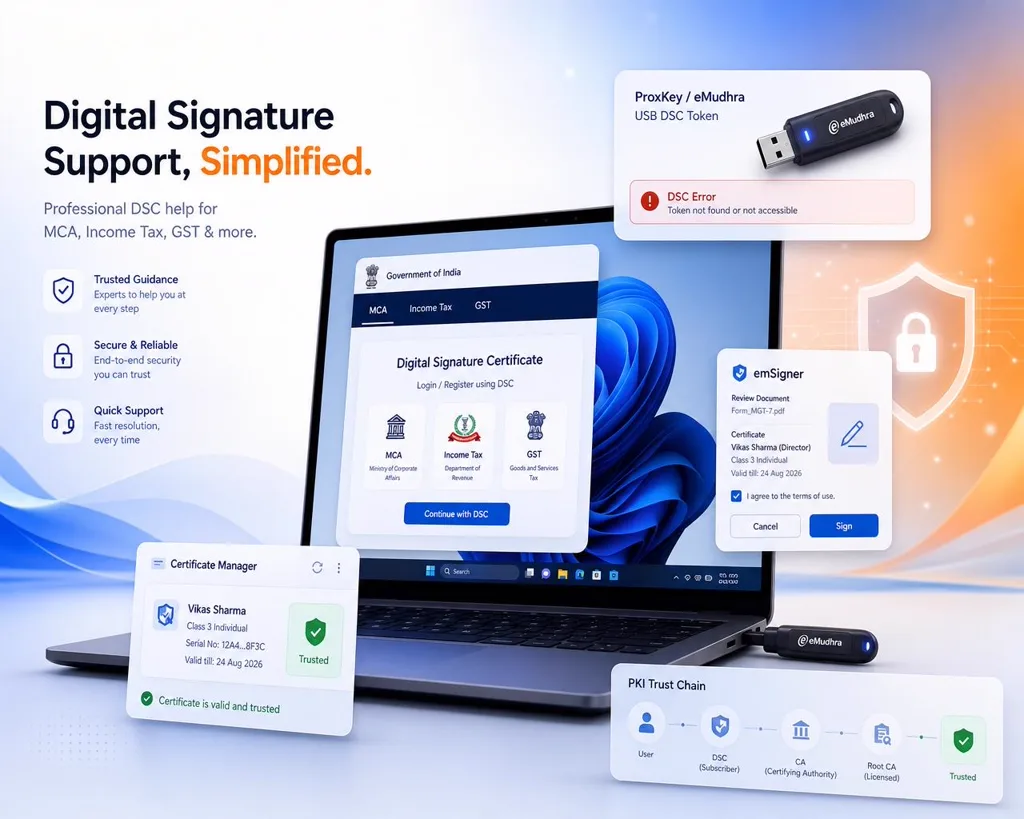 Remote engineer fixing a ProxKey and eMudhra DSC USB token not detected error and emSigner signing failure on MCA, Income Tax and GST portals in India.