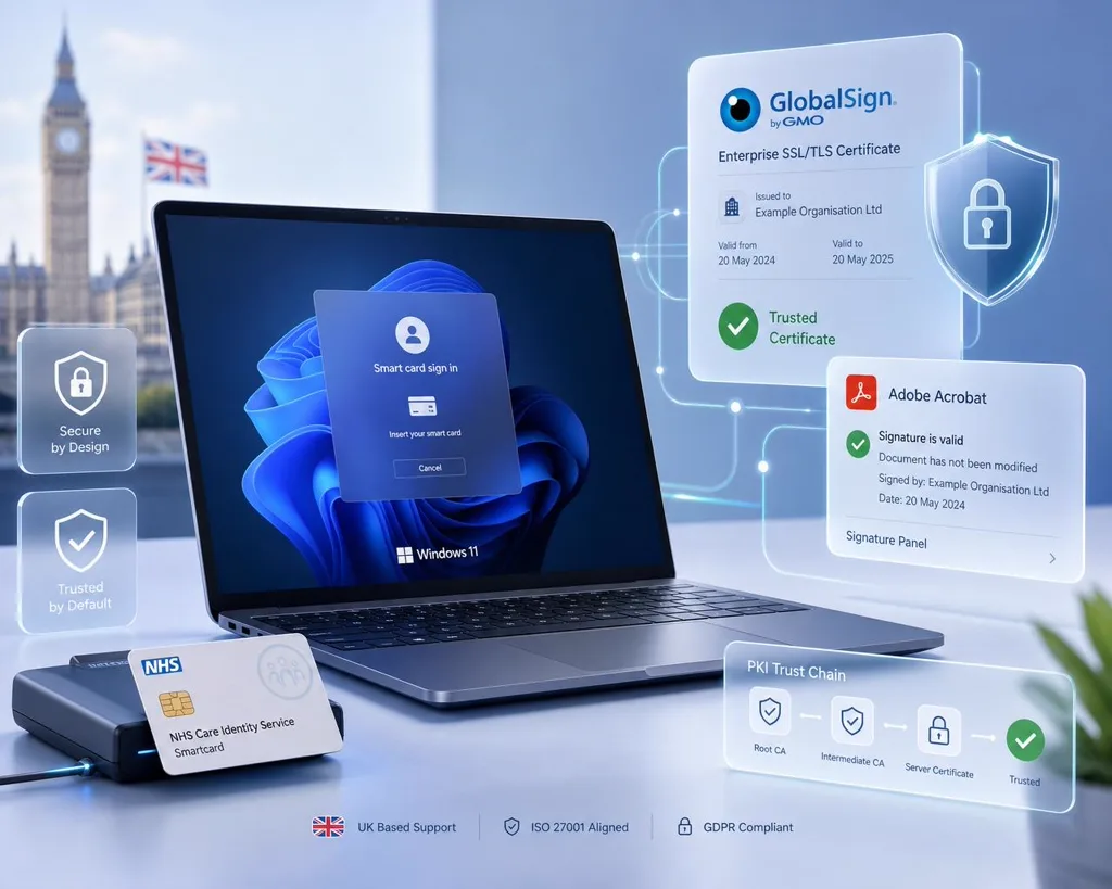 Remote PKI engineer resolving NHS Smartcard login, GlobalSign enterprise certificate and Adobe digital signature errors for organisations in the United Kingdom.