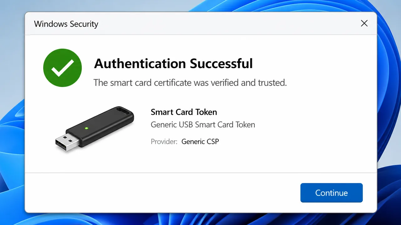 Windows Security dialog showing Authentication Successful for a smart card token