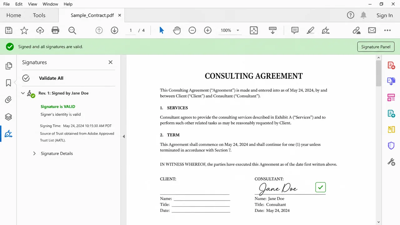 PDF reader showing Signed and all signatures are valid after fixing trust