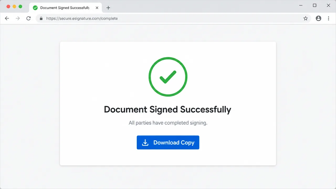 Browser page confirming Document Signed Successfully with a green tick