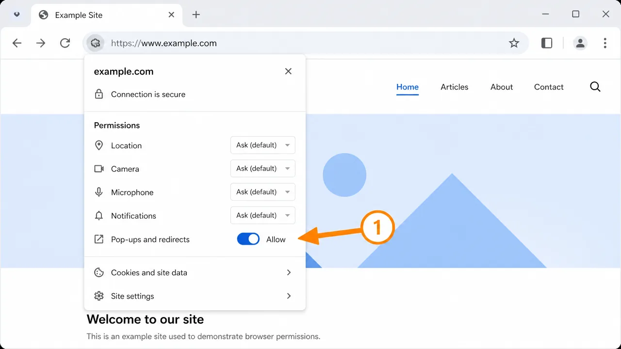 Browser site permissions panel allowing pop-ups and redirects