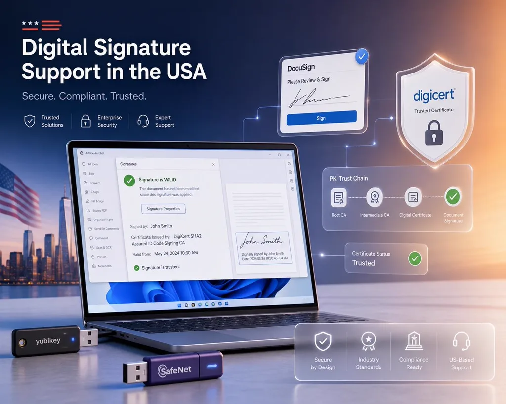 Remote PKI engineer resolving Adobe Acrobat and DocuSign digital signature and certificate errors with SafeNet and YubiKey tokens for enterprise customers in the United States.